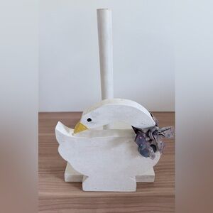 Vintage White Wooden Duck with Bow Paper Towel Holder